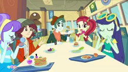 Size: 1539x866 | Tagged: safe, derpibooru import, screencap, aqua blossom, blueberry cake, normal norman, rose heart, scott green, equestria girls, equestria girls (movie), background human, cafeteria, canterlot high, clothes, compact mirror, eyes closed, female, food, male, mobile phone, phone, smartphone, table