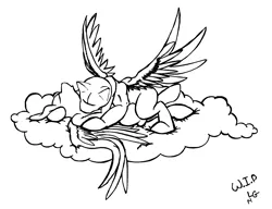 Size: 2040x1568 | Tagged: safe, artist:lucas_gaxiola, derpibooru import, oc, unofficial characters only, pegasus, pony, cloud, hug, kissing, lineart, monochrome, oc x oc, on a cloud, pegasus oc, shipping, signature, wings, wip