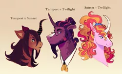 Size: 1173x716 | Tagged: safe, artist:sutexii, derpibooru import, oc, oc:dawn deluge, oc:eve illume, oc:sunshower gleam, unofficial characters only, pony, unicorn, beard, clothes, curved horn, facial hair, female, glasses, gradient background, hair tie, horn, magical lesbian spawn, male, next generation, offspring, parent:sunset shimmer, parent:tempest shadow, parent:twilight sparkle, parents:sunsetsparkle, parents:tempestlight, parents:tempestshimmer, scrunchie, smiling