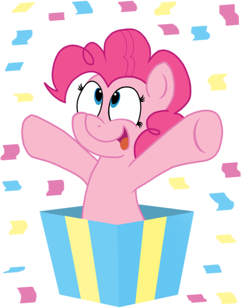 Size: 1490x1899 | Tagged: safe, artist:sketchymouse, derpibooru import, pinkie pie, earth pony, pony, box, confetti, cute, diapinkes, female, mare, pony in a box, present, simple background, solo, transparent background