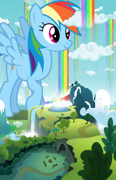 Size: 2481x3840 | Tagged: safe, artist:dashiesparkle, artist:gwennie-chan, artist:jerryakiraclassics19, derpibooru import, rainbow dash, pegasus, pony, cloud, female, giant pony, giant rainbow dash, giantess, highrise ponies, macro, mare, mega giant, mega/giant rainbow dash, rainbow waterfall, waterfall, winsome falls