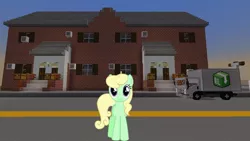 Size: 1334x750 | Tagged: safe, artist:90sigma, derpibooru import, edit, editor:topsangtheman, apple honey, apple tarty, earth pony, pony, apple family member, house, looking at you, minecraft, solo, sunset, truck