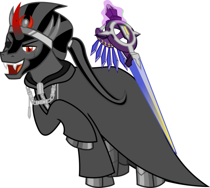 Size: 1701x1528 | Tagged: safe, artist:sketchmcreations, derpibooru import, king sombra, umbrum, unicorn, alternate hairstyle, clothes, coat, eyepatch, kingdom hearts, looking at you, male, nobody, open mouth, organization xiii, ponytail, raised hoof, scar, simple background, stallion, transparent background, vector, weapon, xigbar