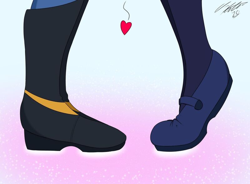 Size: 1280x945 | Tagged: safe, artist:jase1505, deleted from derpibooru, derpibooru import, sci-twi, sunset shimmer, twilight sparkle, series:sunlight horizons, equestria girls, boots, clothes, female, heart, high heel boots, implied kissing, legs, lesbian, pictures of legs, scitwishimmer, shipping, shoes, socks, sunsetsparkle, tiptoe