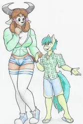 Size: 2061x3087 | Tagged: safe, artist:flicker-show, derpibooru import, sandbar, yona, anthro, earth pony, plantigrade anthro, yak, amazon, big breasts, blushing, breasts, busty yona, clothes, converse, cute, denim shorts, digital art, feet, female, flip-flops, holding hands, hoodie, larger female, looking at each other, male, male feet, monkey swings, open mouth, shipping, shoes, shorts, size difference, smiling, sneakers, socks, straight, thigh highs, traditional art, yonabar, yonadorable