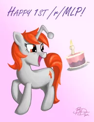 Size: 893x1155 | Tagged: safe, artist:imdrunkontea, derpibooru import, oc, oc:karma, ponified, unofficial characters only, pony, unicorn, birthday, birthday cake, cake, cutie mark, female, food, mare, one year anniversary, reddit, solo, upvote, vector