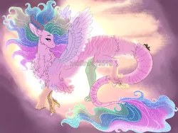 Size: 1200x900 | Tagged: artist:malinraf1615, celestequus, derpibooru import, draconequified, draconequus, ethereal mane, female, flowing mane, flowing tail, majestic, princess celestia, safe, solo, species swap, starry mane, watermark