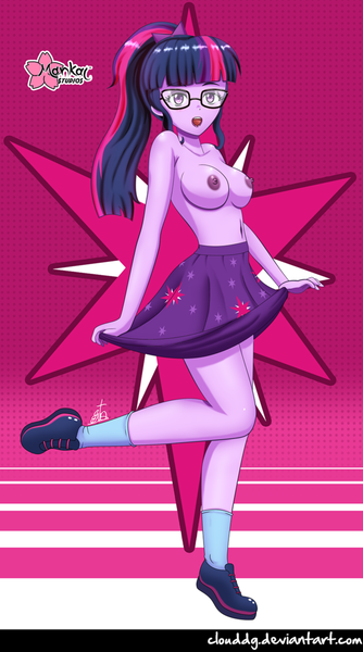 Size: 800x1439 | Tagged: questionable, artist:clouddg, derpibooru import, edit, editor:someguy845, sci-twi, twilight sparkle, equestria girls, areola, breasts, busty sci-twi, busty twilight sparkle, clothes, female, glasses, legs, looking at you, nipples, nudity, open mouth, partial nudity, ponytail, raised leg, sexy, shoes, signature, skirt, skirt lift, skirt pull, socks, solo, solo female, stupid sexy sci-twi, stupid sexy twilight, topless