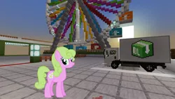 Size: 1334x750 | Tagged: safe, artist:eugenebrony, derpibooru import, edit, editor:topsangtheman, daisy, flower wishes, earth pony, pony, ferris wheel, looking at you, minecraft, truck