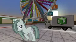 Size: 1334x750 | Tagged: safe, artist:mrkupkake, derpibooru import, edit, editor:topsangtheman, marble pie, pony, ferris wheel, looking at you, minecraft, truck