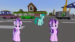 Size: 1334x750 | Tagged: safe, artist:dashiesparkle, artist:eugenebrony, artist:xebck, derpibooru import, edit, editor:topsangtheman, spring melody, sprinkle medley, starlight glimmer, pegasus, pony, unicorn, season 6, amusement park, car, duo, looking at you, minecraft, roller coaster, s5 starlight, truck