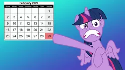 Size: 1214x683 | Tagged: safe, anonymous editor, artist:pink1ejack, derpibooru import, edit, twilight sparkle, twilight sparkle (alicorn), alicorn, pony, calender, february, gradient background, leap day, leap year, panicking, pointing, solo
