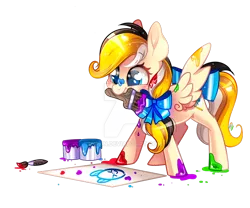 Size: 800x667 | Tagged: safe, artist:ipun, derpibooru import, oc, oc:sacred dreams, pegasus, pony, bow, chibi, deviantart watermark, female, mare, messy, obtrusive watermark, paint, paint on feathers, paint on hooves, simple background, solo, transparent background, watermark