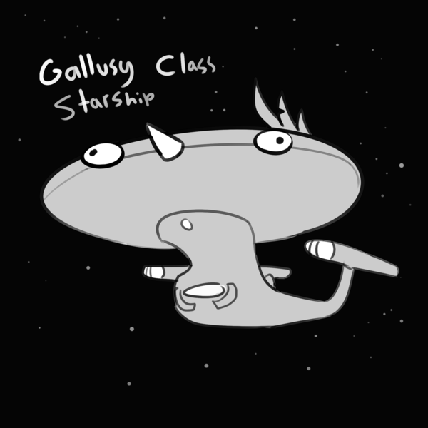 Size: 2250x2250 | Tagged: safe, artist:tjpones, derpibooru import, gallus, gryphon, hybrid, federation, galaxy class, grayscale, monochrome, pun, simple background, spaceship, species swap, star trek, starfleet, uss enterprise, wat