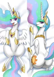 Size: 4484x6408 | Tagged: suggestive, artist:johnjoseco, derpibooru import, edit, princess celestia, alicorn, pony, ask gaming princess luna, bedroom eyes, body pillow, body pillow design, butt, dakimakura cover, featureless crotch, female, jewelry, looking at you, mare, open mouth, plot, regalia, solo, sunbutt, tongue out