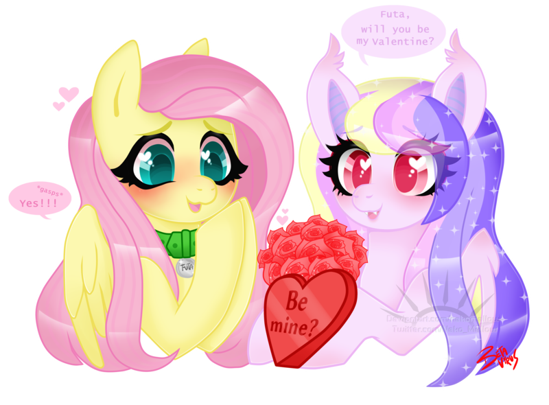 Size: 5000x3689 | Tagged: safe, artist:betavirus, artist:nekomellow, derpibooru import, fluttershy, oc, oc:dreamcatcher, oc:futashy, oc:futashypone, bat pony, pony, collar, futa, futa fluttershy, heart eyes, hearts and hooves day, holiday, intersex, simple background, transparent background, valentine, valentine's day, wingding eyes