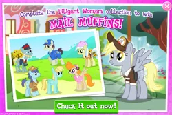 Size: 1029x688 | Tagged: safe, derpibooru import, ambrosia, cindy block, deep clean, derpy hooves, helia, loose tracks, lucy packard, package deal, earth pony, pegasus, pony, unicorn, advertisement, apple, apple tree, camera, collection, female, food, gameloft, hammer, hard hat, headset, male, mare, stallion, that one nameless background pony we all know and love, tools, tree