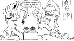 Size: 1200x675 | Tagged: safe, artist:pony-berserker, derpibooru import, applejack, rarity, earth pony, pony, unicorn, angry, black and white, cantonese, chinese text, chopsticks, earth pony problems, female, food, grayscale, hat, i can't believe it's not idw, magic, mare, monochrome, noodles, pony-berserker's twitter sketches, signature, simple background, speech bubble, telekinesis, unicorn master race, white background