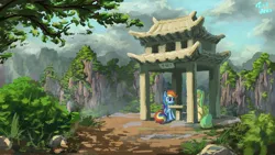 Size: 1920x1080 | Tagged: safe, artist:tinybenz, derpibooru import, rainbow dash, oc, oc:lemonade candy, pegasus, pony, canon x oc, chinese chess, cliff, female, male, mare, mountain, outdoors, pagoda, pavilion, rainmonade, scenery, shipping, sitting, stallion, straight