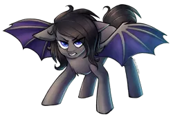 Size: 3016x2054 | Tagged: source needed, safe, artist:earthpone, derpibooru import, oc, unofficial characters only, bat pony, pony, angry, bat pony oc, bat wings, commission, female, filly, mare, pounce, simple background, solo, spread wings, transparent background, wings