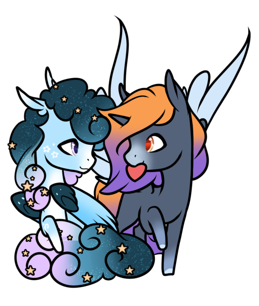 Size: 1868x2209 | Tagged: safe, artist:oneiria-fylakas, derpibooru import, oc, oc:stellar constellation, oc:sunset winds, unofficial characters only, alicorn, pegasus, pony, chibi, commission, ethereal mane, female, gradient mane, heart, looking at each other, male, mare, mouth hold, one hoof raised, simple background, spread wings, stallion, starry mane, stars, transparent background, two toned wings, wings, ych result