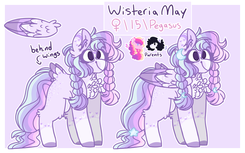 Size: 2500x1556 | Tagged: safe, artist:luqella, derpibooru import, princess cadance, oc, oc:pelito, oc:wisteria may, pegasus, pony, chest fluff, female, mare, offspring, parent:oc:pelito, parent:princess cadance, parents:canon x oc, reference sheet, tail feathers