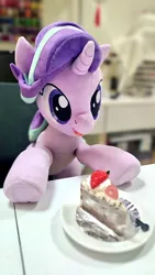 Size: 576x1024 | Tagged: safe, artist:nekokevin, derpibooru import, starlight glimmer, pony, unicorn, series:nekokevin's glimmy, cake, female, food, irl, looking down, mare, open mouth, photo, plate, plushie, sitting, smiling, solo, underhoof