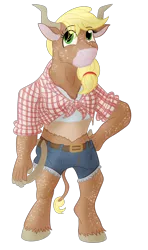 Size: 2520x4252 | Tagged: anthro, applejack, artist:sixes&sevens, barbarian, clothes, daisy dukes, derpibooru import, dungeons and dragons, female, freckles, horns, lasso, minotaur, pen and paper rpg, rope, rpg, safe, shorts, simple background, solo, transparent background