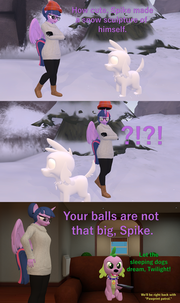 Size: 1920x3240 | Tagged: questionable, artist:papadragon69, derpibooru import, spike, twilight sparkle, twilight sparkle (alicorn), alicorn, anthro, dog, equestria girls, 3d, comic, couch, implied balls, remote, snow, source filmmaker, spike the dog