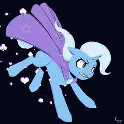 Size: 2098x2098 | Tagged: safe, artist:kerpupu, deleted from derpibooru, derpibooru import, trixie, pony, unicorn, angry, black background, cape, clothes, female, hatless, mare, missing accessory, shark teeth, simple background, solo