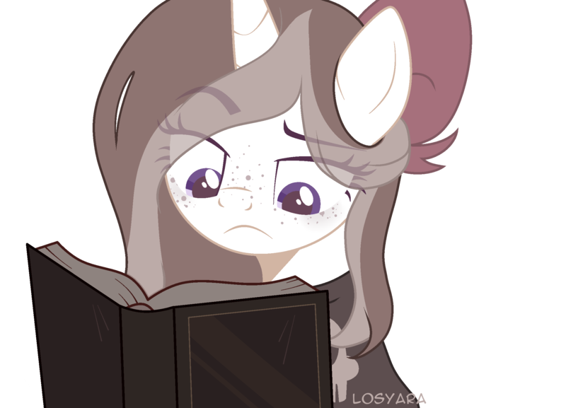 Size: 2219x1600 | Tagged: safe, artist:losyara, derpibooru import, oc, oc:goth mocha, unofficial characters only, pony, unicorn, book, bow, clothes, commission, female, freckles, hair bow, mare, raised eyebrow, reading, simple background, skull, solo, sweater, transparent background, ych result