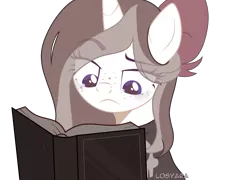 Size: 2219x1600 | Tagged: safe, artist:losyara, derpibooru import, oc, oc:goth mocha, unofficial characters only, pony, unicorn, book, bow, clothes, commission, female, freckles, hair bow, mare, raised eyebrow, reading, simple background, skull, solo, sweater, transparent background, ych result