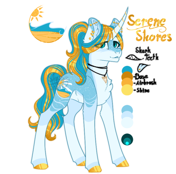 Size: 703x695 | Tagged: safe, artist:sharxz, derpibooru import, oc, oc:serene shores, pony, unicorn, curved horn, cutie mark, fangs, horn, industrial piercing, jewelry, multicolored hair, piercing, reference sheet, shark teeth, simple background, solo, tongue piercing, transparent background, unicorn oc