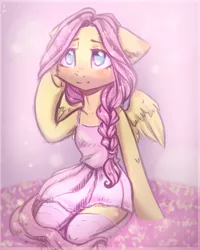 Size: 2000x2500 | Tagged: alternate hairstyle, artist:zefirka, blushing, braid, clothes, cute, derpibooru import, dress, female, fluffy, fluttershy, mare, pegasus, safe, semi-anthro, shyabetes, sitting, socks, solo, stockings, thigh highs