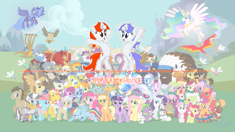 Size: 1920x1080 | Tagged: safe, artist:spltfyre, derpibooru import, angel bunny, apple bloom, applejack, big macintosh, braeburn, cheerilee, daisy, derpy hooves, diamond tiara, doctor whooves, flower wishes, fluttershy, granny smith, gummy, lily, lily valley, manny roar, opalescence, owlowiscious, philomena, photo finish, pinkie pie, princess celestia, princess luna, rainbow dash, rarity, roseluck, scootaloo, silver spoon, snails, snips, soarin', spike, spitfire, steven magnet, sweetie belle, time turner, trixie, twilight sparkle, twist, winona, zecora, oc, oc:discentia, oc:karma, ponified, alicorn, buffalo, cockatrice, diamond dog, earth pony, hydra, manticore, parasprite, pegasus, pony, unicorn, zebra, background six, cutie mark, cutie mark crusaders, downvote, female, flower trio, mane six, mare, multiple heads, reddit, royal guard, unicorn twilight, upvote, wallpaper