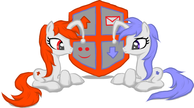 Size: 1241x691 | Tagged: safe, derpibooru import, oc, oc:discentia, oc:karma, ponified, pony, unicorn, cutie mark, downvote, duo, female, mail, mare, reddit, shield, simple background, sitting, smiley face, transparent background, upvote, vector