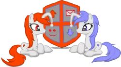 Size: 1241x691 | Tagged: safe, derpibooru import, oc, oc:discentia, oc:karma, ponified, pony, unicorn, cutie mark, downvote, duo, female, mail, mare, reddit, shield, simple background, sitting, smiley face, transparent background, upvote, vector