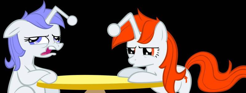 Size: 1450x551 | Tagged: safe, artist:scotch208, derpibooru import, oc, oc:discentia, oc:karma, ponified, pony, unicorn, black background, cutie mark, duo, female, mare, reddit, simple background, sitting, table, ugh, upvote, vector