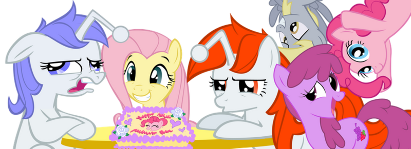 Size: 900x327 | Tagged: safe, artist:scotch208, derpibooru import, edit, berry punch, berryshine, derpy hooves, fluttershy, pinkie pie, oc, oc:discentia, oc:karma, ponified, earth pony, pegasus, pony, unicorn, birthday cake, cake, cutie mark, duo, female, food, mare, reddit, simple background, sitting, squee, table, transparent background, ugh, upside down, vector