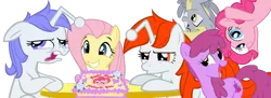 Size: 900x327 | Tagged: safe, artist:scotch208, derpibooru import, edit, berry punch, berryshine, derpy hooves, fluttershy, pinkie pie, oc, oc:discentia, oc:karma, ponified, earth pony, pegasus, pony, unicorn, birthday cake, cake, cutie mark, duo, female, food, mare, reddit, simple background, sitting, squee, table, transparent background, ugh, upside down, vector