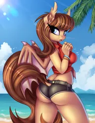 Size: 2360x3056 | Tagged: safe, artist:pony-way, derpibooru import, oc, oc:lunette, unofficial characters only, anthro, bat pony, anthro oc, bat pony oc, bat wings, beach, clothes, ear fluff, ear tufts, female, front knot midriff, looking at you, looking back, looking back at you, mare, midriff, shorts, solo, wings