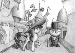 Size: 1575x1113 | Tagged: safe, artist:mortalflaw, derpibooru import, dark moon, graphite, rarity, pony, unicorn, black and white, cane, canterlot, cutie mark, female, giant hat, graphite drawing, grayscale, hat, mare, monochrome, monocle, reddit, snoo, top hat, traditional art