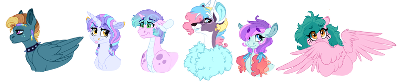 Size: 2622x552 | Tagged: safe, artist:saphi-boo, derpibooru import, oc, unofficial characters only, draconequus, dracony, dragon, earth pony, hybrid, pegasus, pony, unicorn, choker, draconequus oc, freckles, hair ribbon, interspecies offspring, magical lesbian spawn, next generation, offspring, parent:applejack, parent:big macintosh, parent:coloratura, parent:discord, parent:fluttershy, parent:pinkie pie, parent:rainbow dash, parent:rarity, parent:spike, parent:trixie, parent:twilight sparkle, parent:zephyr breeze, parents:discopie, parents:fluttermac, parents:rarajack, parents:sparity, parents:twixie, parents:zephdash, pigtails, shy, sideburns, simple background, spiked choker, spread wings, tongue out, twintails, white background, wings