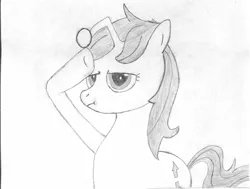 Size: 2557x1934 | Tagged: safe, artist:beerpony, derpibooru import, oc, oc:apathia, unofficial characters only, pony, unicorn, black and white, deadpan, female, grayscale, mare, monochrome, rainbow dash salutes, reddit, salute, simple background, traditional art