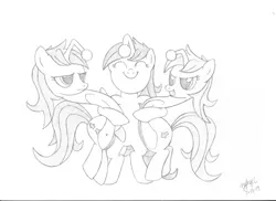 Size: 2871x2089 | Tagged: safe, artist:zephyrc, derpibooru import, oc, oc:apathia, oc:discentia, oc:karma, unofficial characters only, pony, black and white, cutie mark, downvote, female, grayscale, hug, mare, monochrome, reddit, simple background, traditional art, trio
