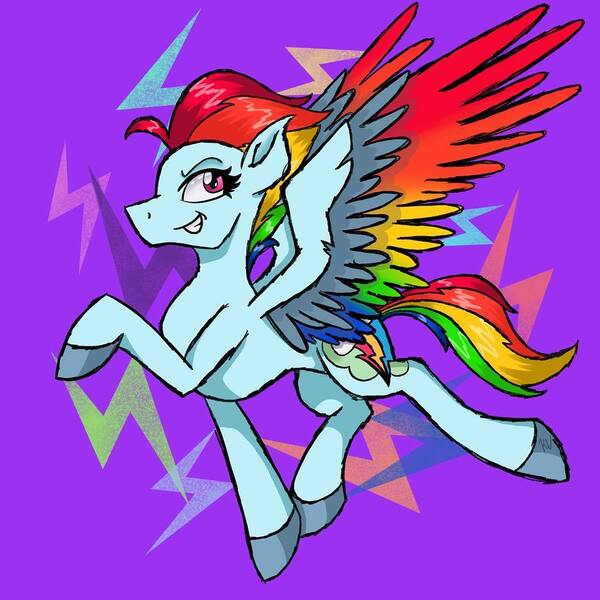 Size: 1080x1080 | Tagged: safe, artist:starcrate_, derpibooru import, rainbow dash, pegasus, pony, leak, spoiler:g5, badass, colored wings, female, g5, hooves, looking back, mare, multicolored wings, rainbow dash (g5), rainbow wings, raised hoof, redesign, simple background, smiling, smirk, solo, wings