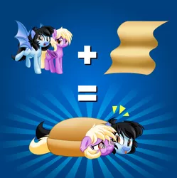Size: 5000x5014 | Tagged: safe, artist:jhayarr23, derpibooru import, oc, oc:mitzy, oc:pinkfull night, unofficial characters only, bat pony, pony, batburrito, blanket, blanket burrito, blushing, cute, duo, equation, fangs, female, floppy ears, glasses, looking at each other, looking at you, mare, show accurate, shy, silly, simple background, spread wings, teenager, wings