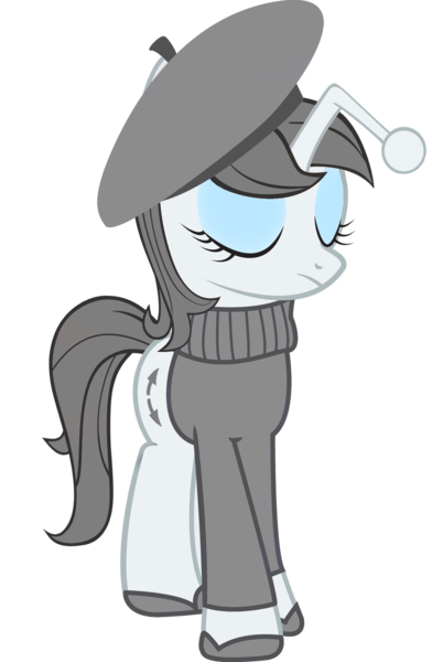 Size: 1000x1529 | Tagged: safe, artist:cool77778, derpibooru import, oc, oc:apathia, unofficial characters only, pony, unicorn, beret, clothes, eyes closed, eyeshadow, female, french, hat, makeup, mare, reddit, shoes, simple background, solo, sweater, transparent background, vector