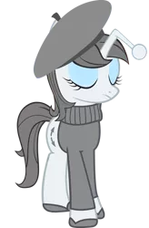 Size: 1000x1529 | Tagged: safe, artist:cool77778, derpibooru import, oc, oc:apathia, unofficial characters only, pony, unicorn, beret, clothes, eyes closed, eyeshadow, female, french, hat, makeup, mare, reddit, shoes, simple background, solo, sweater, transparent background, vector