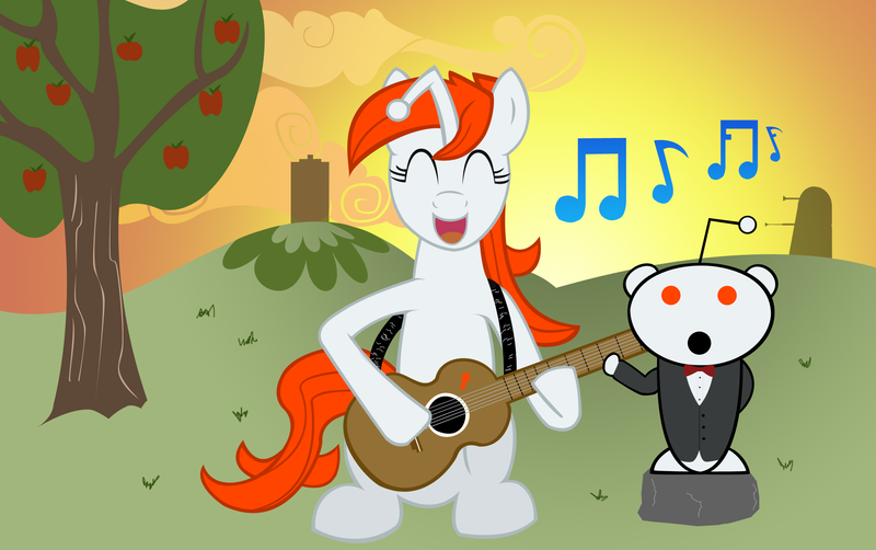 Size: 2048x1284 | Tagged: safe, artist:masterkid1230, derpibooru import, edit, oc, oc:karma, ponified, pony, unicorn, apple, apple tree, conducting, conductor, dalek, doctor who, female, food, guitar, mare, music notes, musical instrument, reddit, simple background, singing, sitting, snoo, sunset, tree, upvote, vector